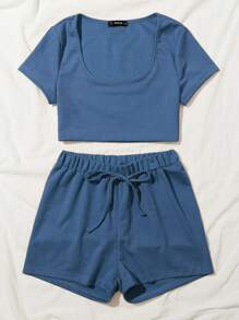 Scoop Neck Crop Tee & Tie Waist Shorts Set - Blue - View 3