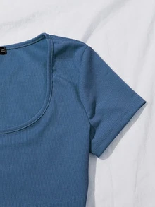 Scoop Neck Crop Tee & Tie Waist Shorts Set - Blue - View 4