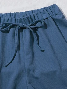 Scoop Neck Crop Tee & Tie Waist Shorts Set - Blue - View 5