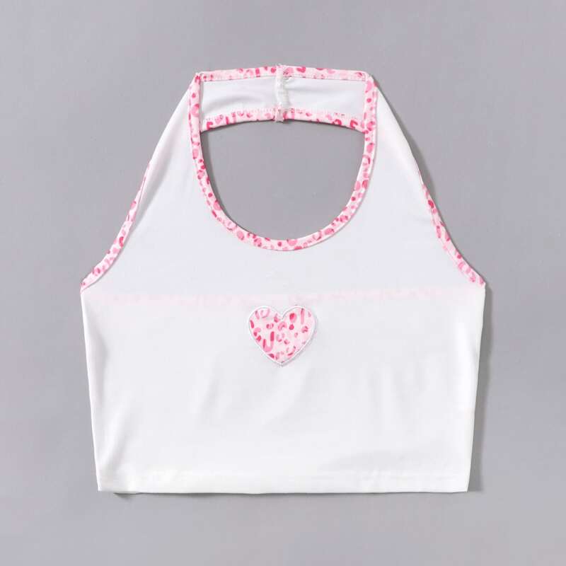 

Heart Embroidery Ringer Halter Top, White