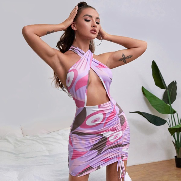 

Cut Out Front Drawstring Side Wrap Halter Dress, Multicolor