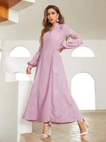 SHEIN Belle Notch Neck Lantern Sleeve Lace Insert Dress - Lilac Purple - View 1