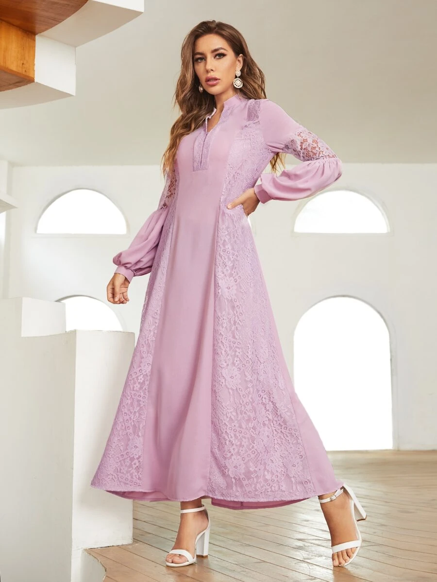 SHEIN Belle Notch Neck Lantern Sleeve Lace Insert Dress - Lilac Purple - View 1