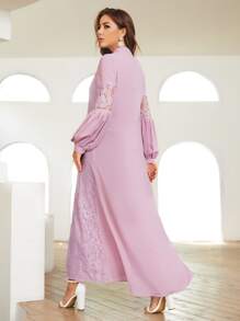 SHEIN Belle Notch Neck Lantern Sleeve Lace Insert Dress - Lilac Purple - View 2