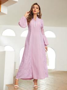 SHEIN Belle Notch Neck Lantern Sleeve Lace Insert Dress - Lilac Purple - View 3