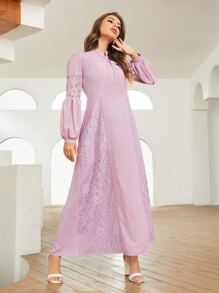 SHEIN Belle Notch Neck Lantern Sleeve Lace Insert Dress - Lilac Purple - View 4