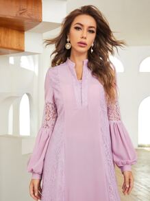 SHEIN Belle Notch Neck Lantern Sleeve Lace Insert Dress - Lilac Purple - View 5