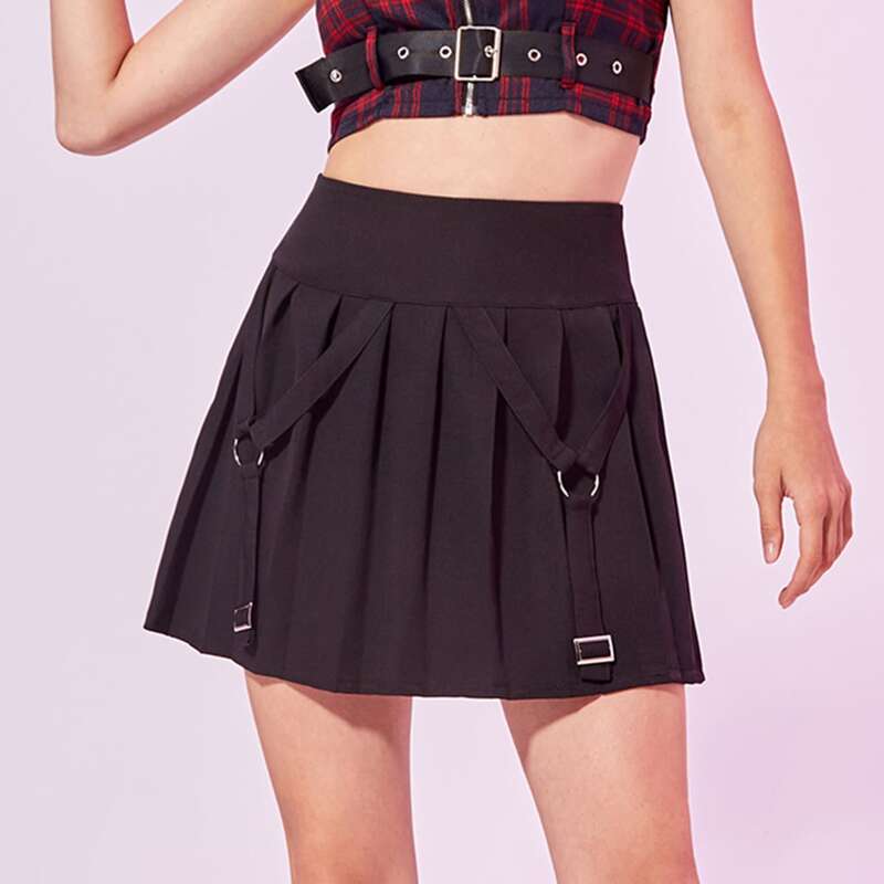 

Ring Decor Pleated Skirt, Black