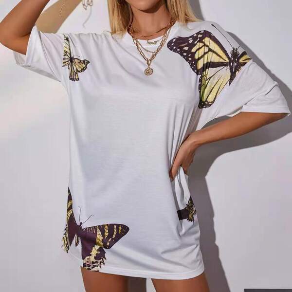 

Butterfly Print Drop Shoulder Longline Tee, White