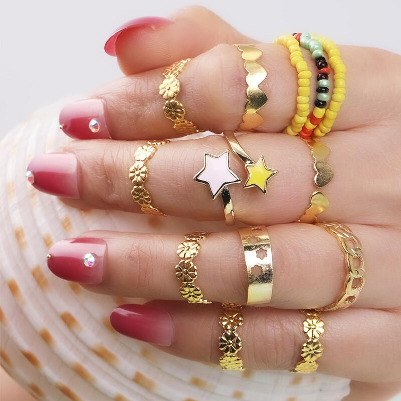 

13pcs Flower & Star Ring Set, Multicolor