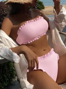 Frill Trim Bandeau Bikini Set For Summer Beach Vacation - Pink - View 1