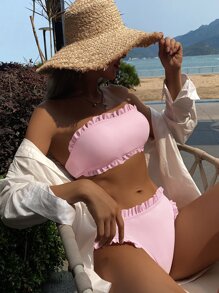 Frill Trim Bandeau Bikini Set For Summer Beach Vacation - Pink - View 5