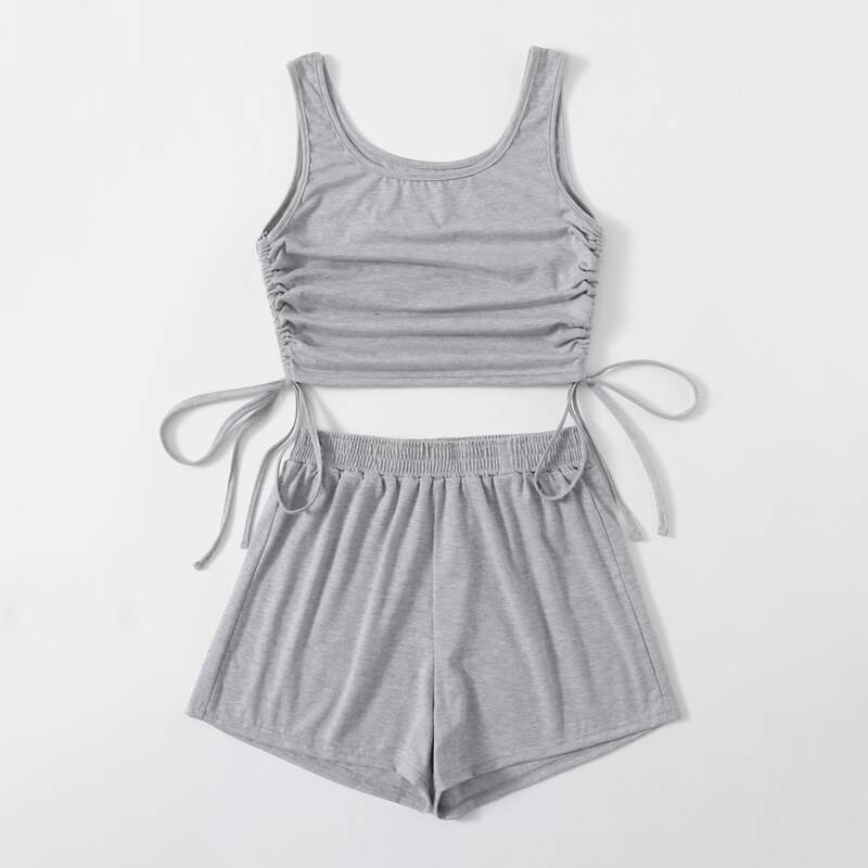 

Solid Drawstring Tank Top & Shorts, Grey