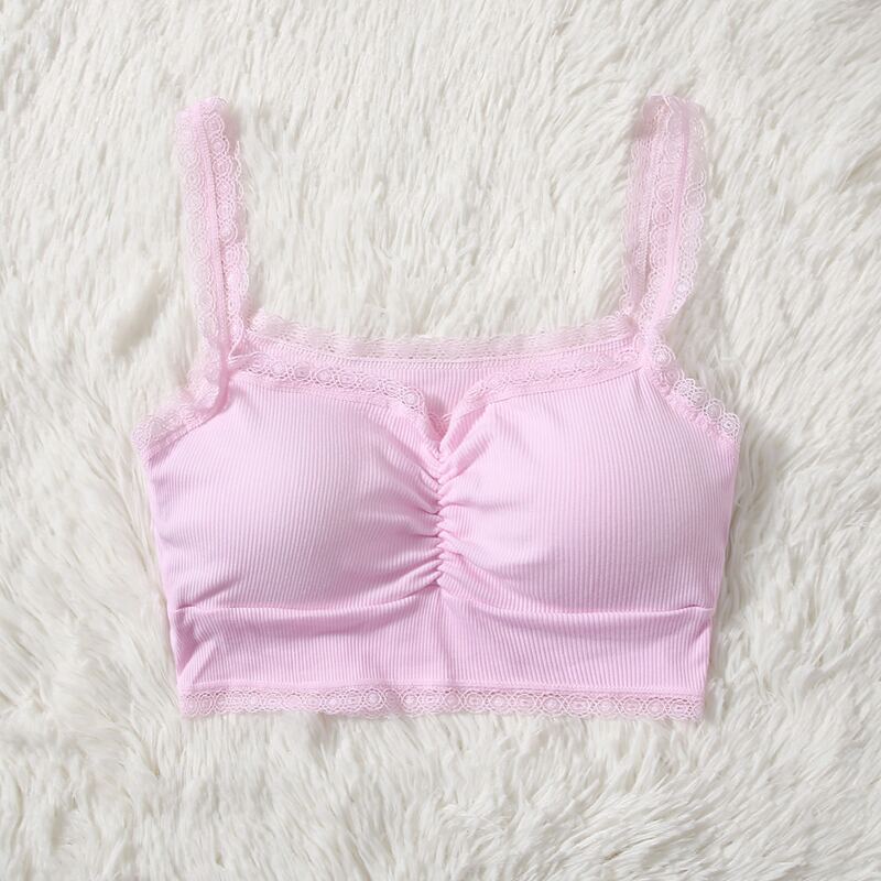 

Lace Trim Ruched Bra, Pink