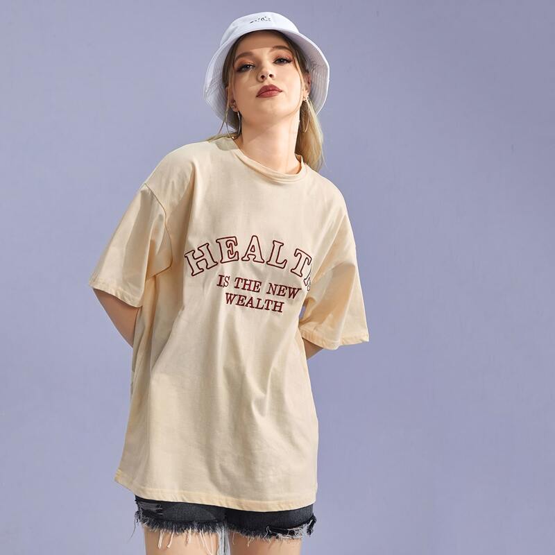 

Letter Embroidery Oversized Tee, Apricot