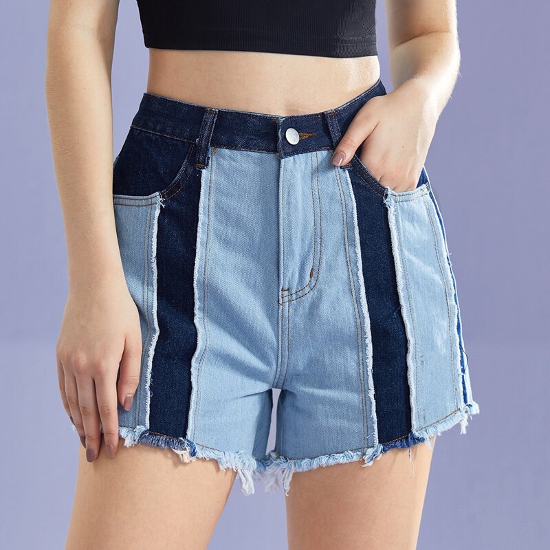 

Distressed Colorblock Denim Shorts, Light wash