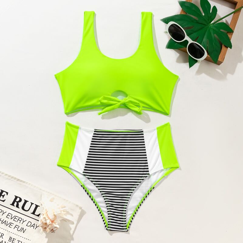 

Neon Lime Striped Bikini Swimsuit, Lime green