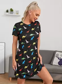 SHEIN EZwear Dinosaur Print Tee Dress - Multicolor - View 1