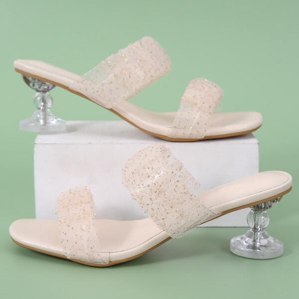 

Sequin Decor Sculptural Heeled Mules, Apricot