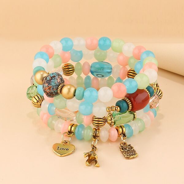 

4pcs Heart Charm Beaded Bracelet, Multicolor