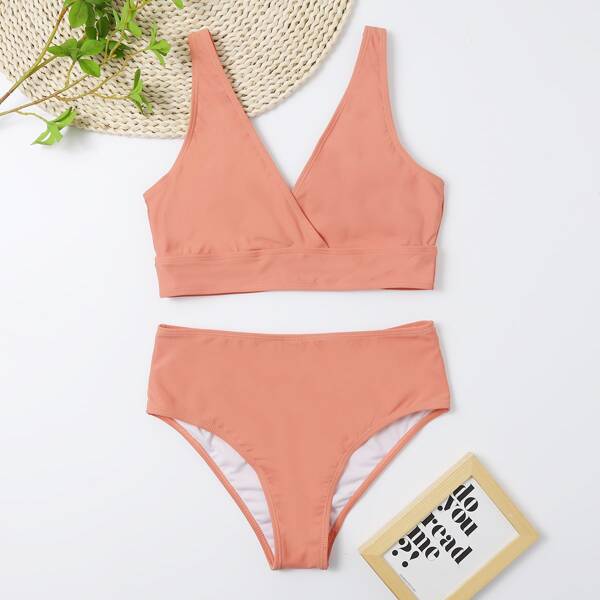 

Wrap V Neck Bikini Swimsuit, Dusty pink