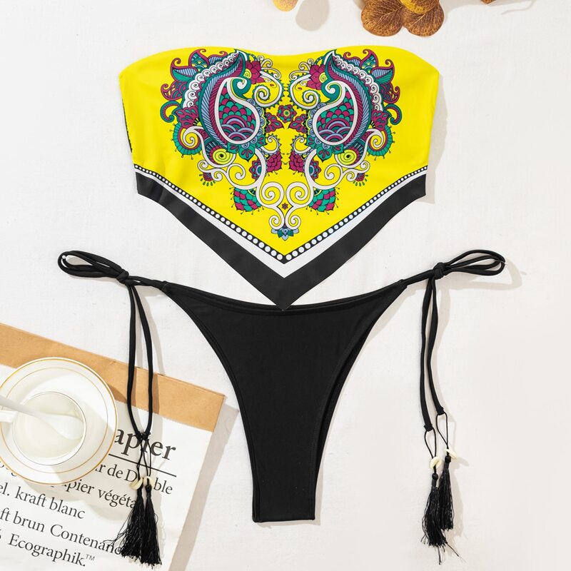 

Random Paisley Print Bandeau Bikini Swimsuit, Multicolor