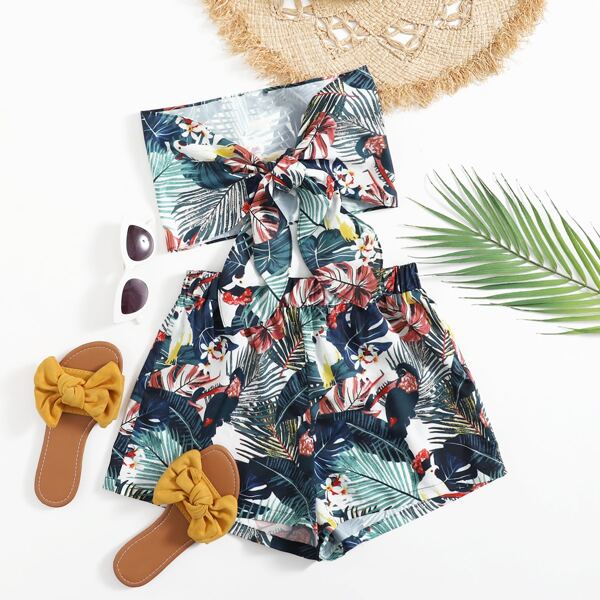

Tie Front Tropical Print Tube Top & Shorts Set, Multicolor