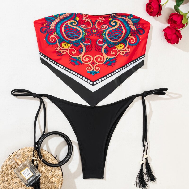 

Random Paisley Print Bandeau Bikini Swimsuit, Multicolor