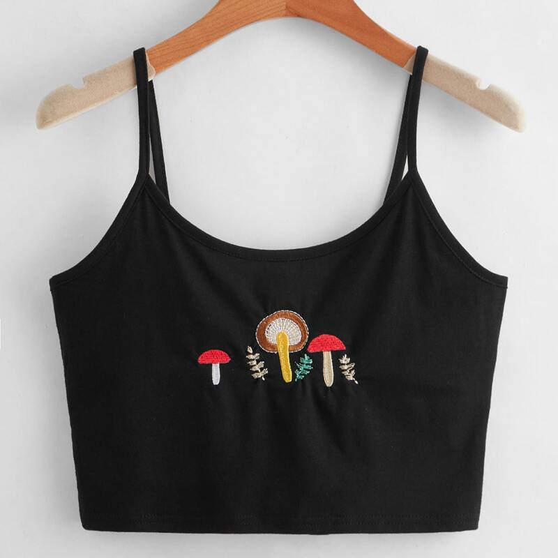 

Mushroom Embroidery Crop Cami, Black