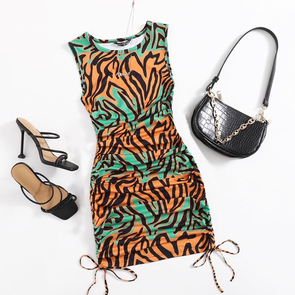 

Ruched Drawstring Side Zebra Striped Bodycon Dress, Multicolor