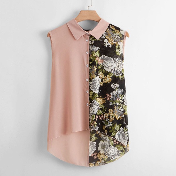 

Plus Floral Print High Low Hem Button Front Blouse, Multicolor
