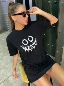 Graphic Print Longline Tee - Black - View 1