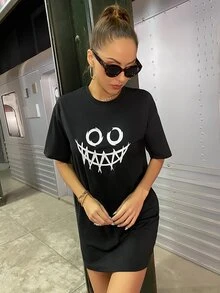 Graphic Print Longline Tee - Black - View 4