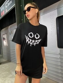 Graphic Print Longline Tee - Black - View 6