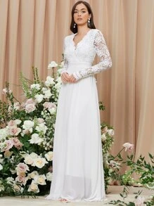 SHEIN Belle Vestido de novia ribete en abanico de espalda abierta - Blanco - Ver 3