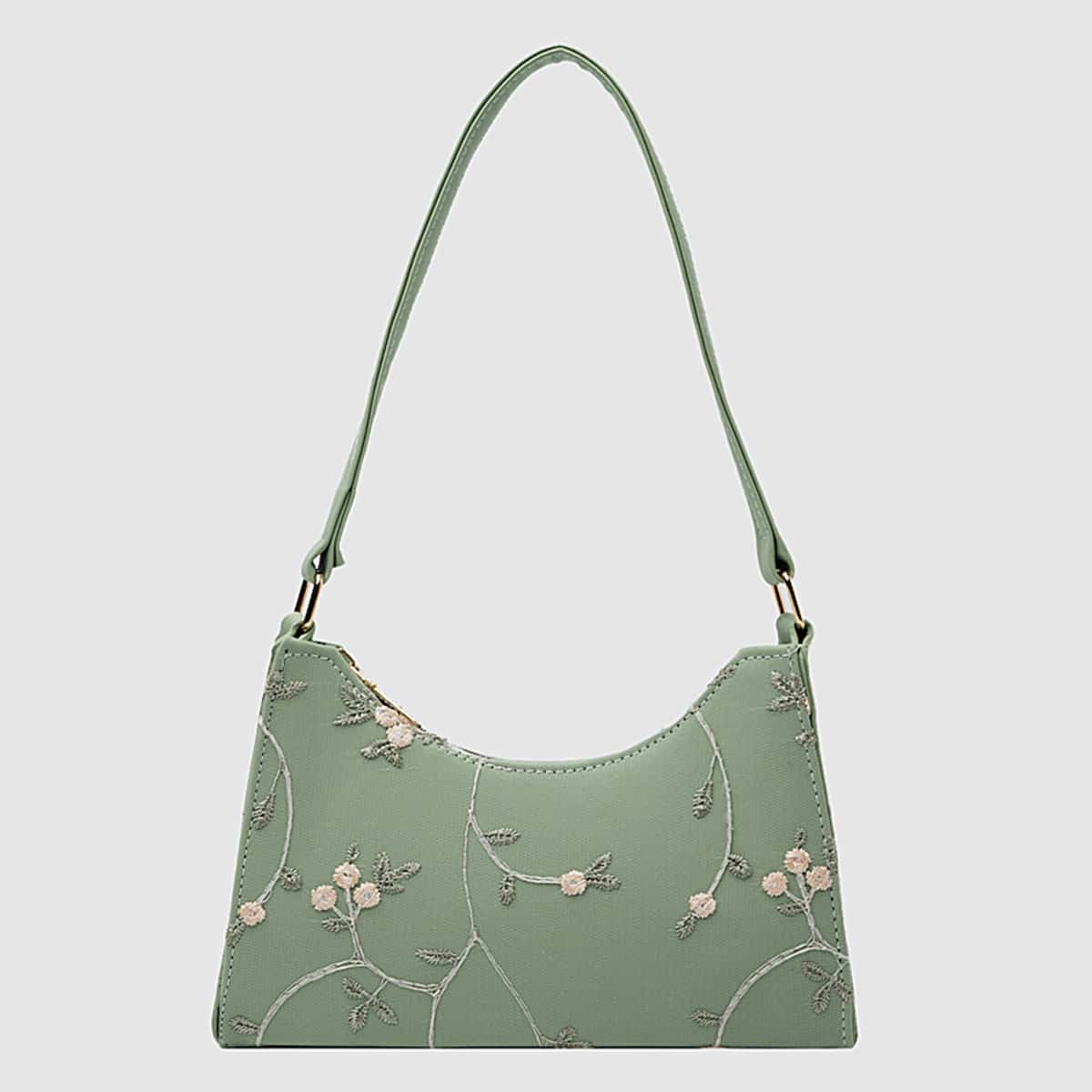 

Floral Embroidery Baguette Bag, Green
