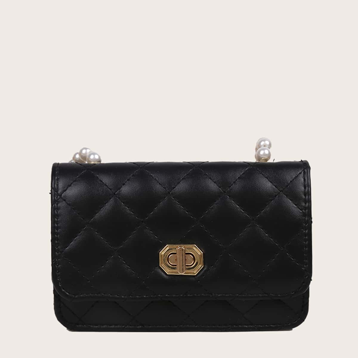 

Quilted Faux Pearl Strap Shoulder Bag, Black