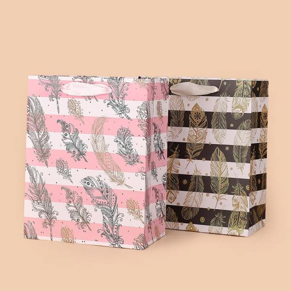 

2pcs Feather Print Paper Gift Bag, Multicolor
