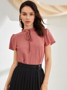 Mulvari Tie Neck Puff Sleeve Blouse - Redwood - View 1