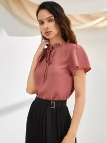 Mulvari Tie Neck Puff Sleeve Blouse - Redwood - View 3