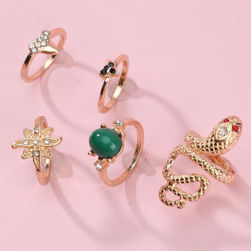 

5pcs Snake Design Gemstone Ring, Gold