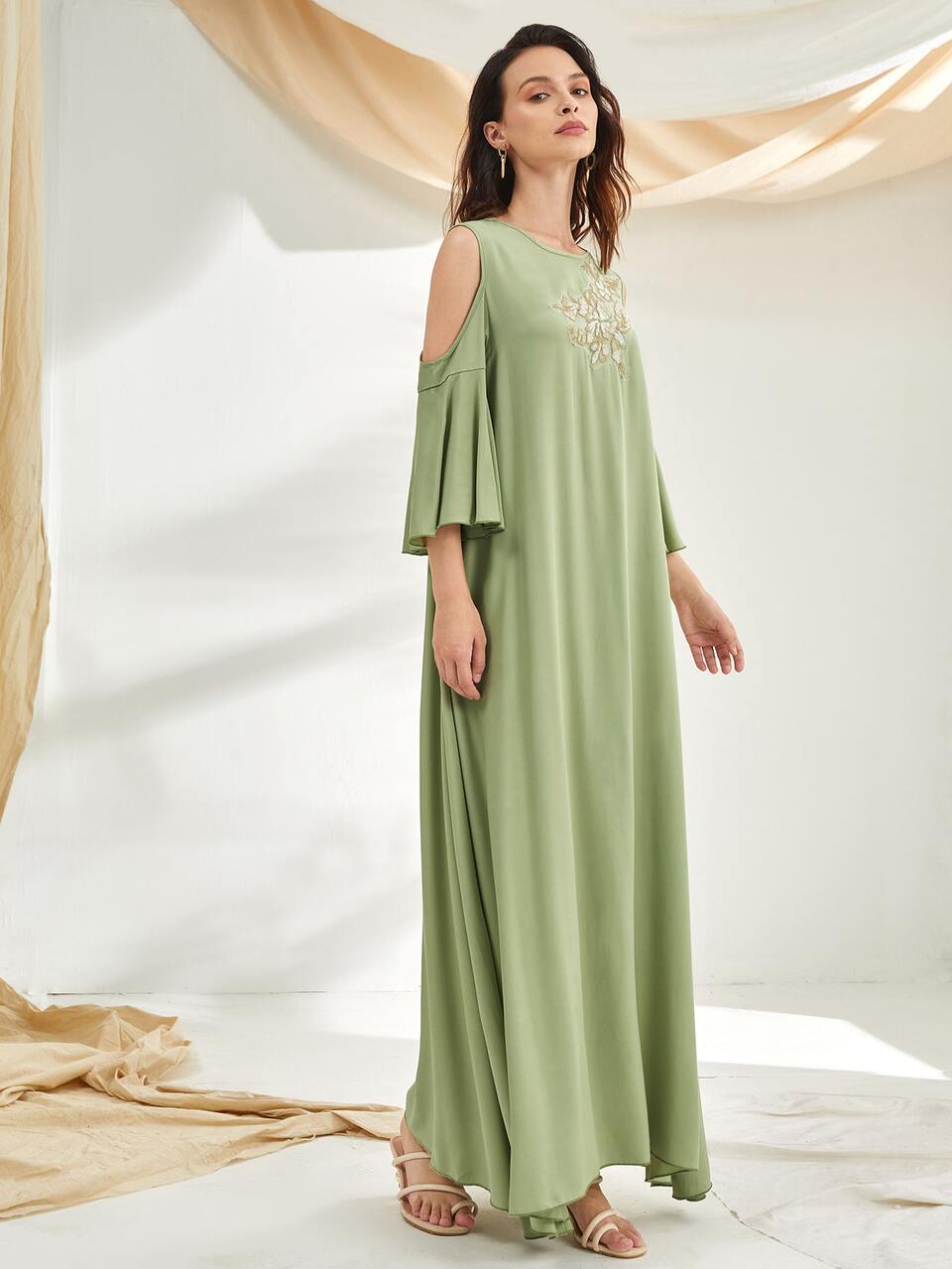 Floral Embroidery Cold Shoulder Maxi Tunic Dress