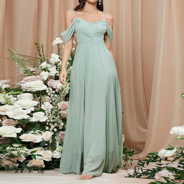 

Cold Shoulder Fold Pleated Prom Dress, Mint green