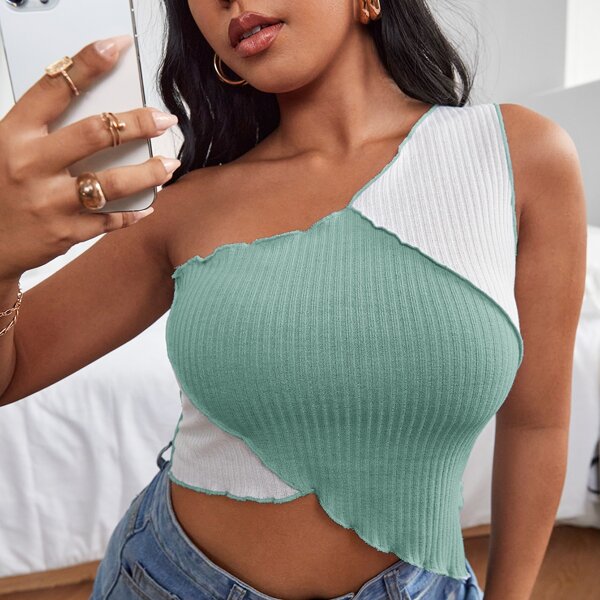 

Plus One Shoulder Stitch Trim Colorblock Top, Cadet blue