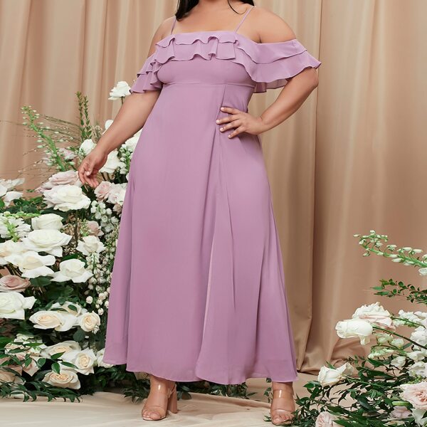 

Plus Cold Shoulder Ruffle Hem Belted Wrap Dress, Lilac purple