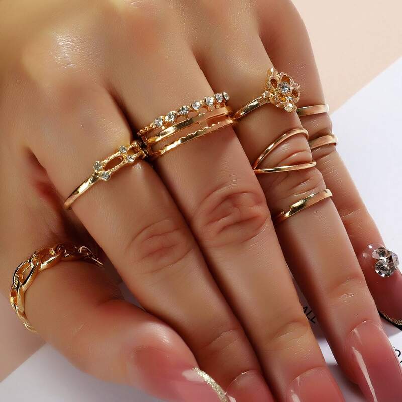 

8pcs Rhinestone Decor Ring, Gold