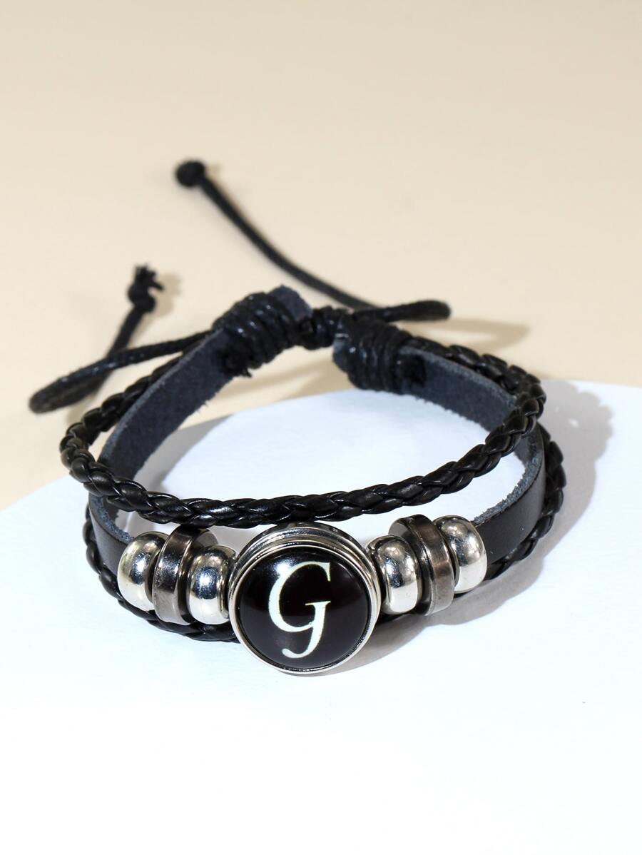 Những người đàn ông thời trang và phổ biến Chữ đồ họa vòng trang trí vòng đeo tay nhiều lớp PU để làm quà tặng trang sức và cho một vẻ ngoài sành điệu - màu đen - Xem 1