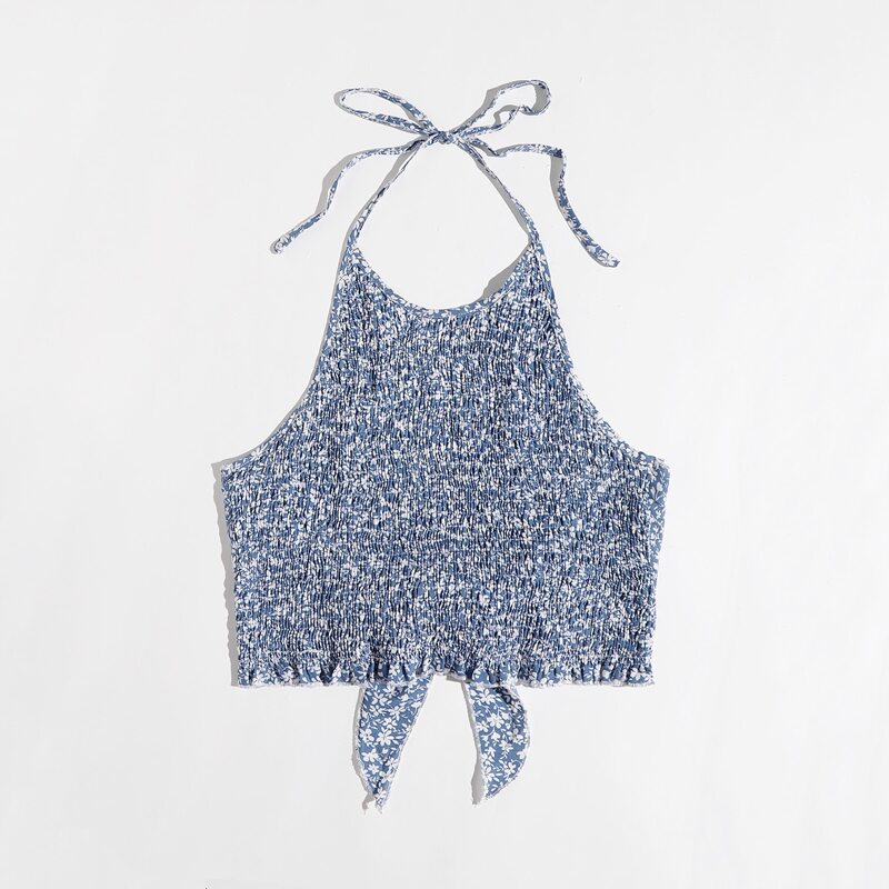 

Ditsy Floral Shirred Halter Top, Blue