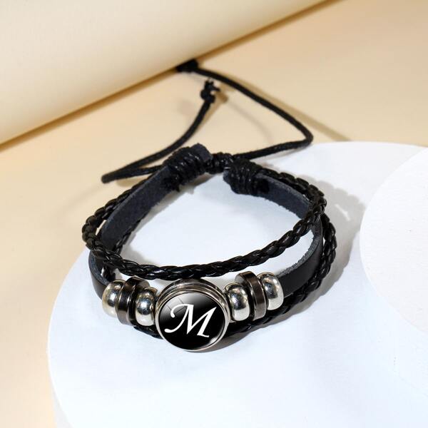 

Men Letter Graphic Round Decor Layered Bracelet, Black