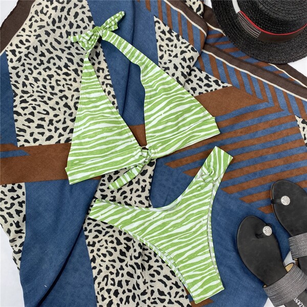 

Zebra Stripe Ring Linked Halter Bikini Swimsuit, Green